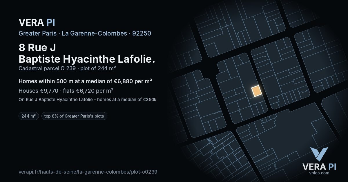8 Rue J Baptiste Hyacinthe Lafolie, La Garenne-Colombes at night – the plot lit, the parcels around coloured by the prices near them