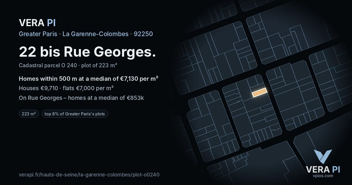 22 bis Rue Georges, La Garenne-Colombes at night – the plot lit, the parcels around coloured by the prices near them