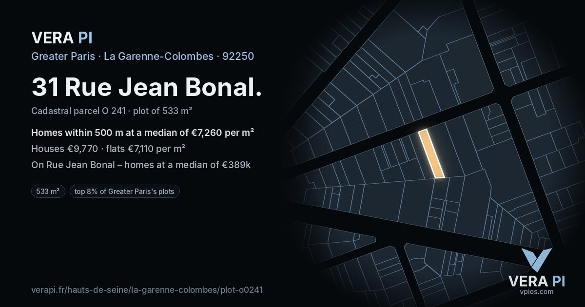 31 Rue Jean Bonal, La Garenne-Colombes at night – the plot lit, the parcels around coloured by the prices near them