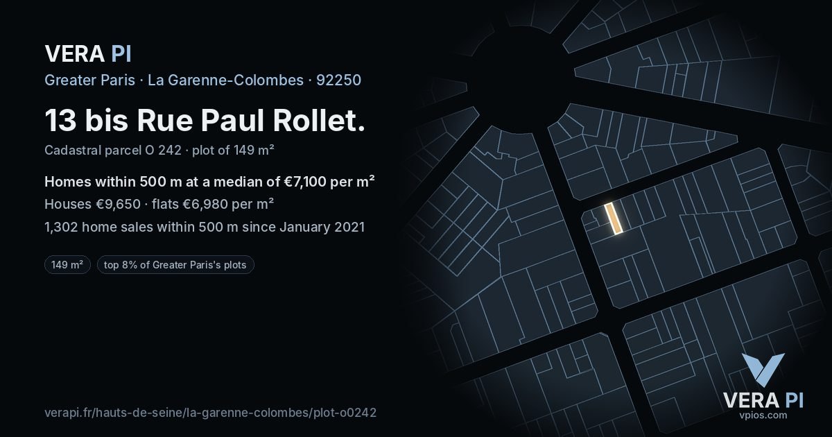 13 bis Rue Paul Rollet, La Garenne-Colombes at night – the plot lit, the parcels around coloured by the prices near them
