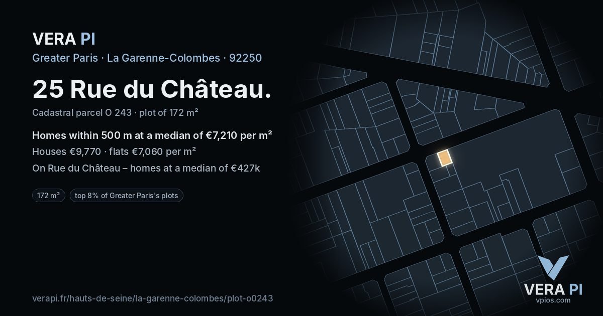 25 Rue du Château, La Garenne-Colombes at night – the plot lit, the parcels around coloured by the prices near them