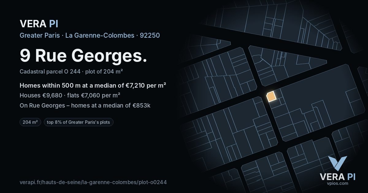 9 Rue Georges, La Garenne-Colombes at night – the plot lit, the parcels around coloured by the prices near them