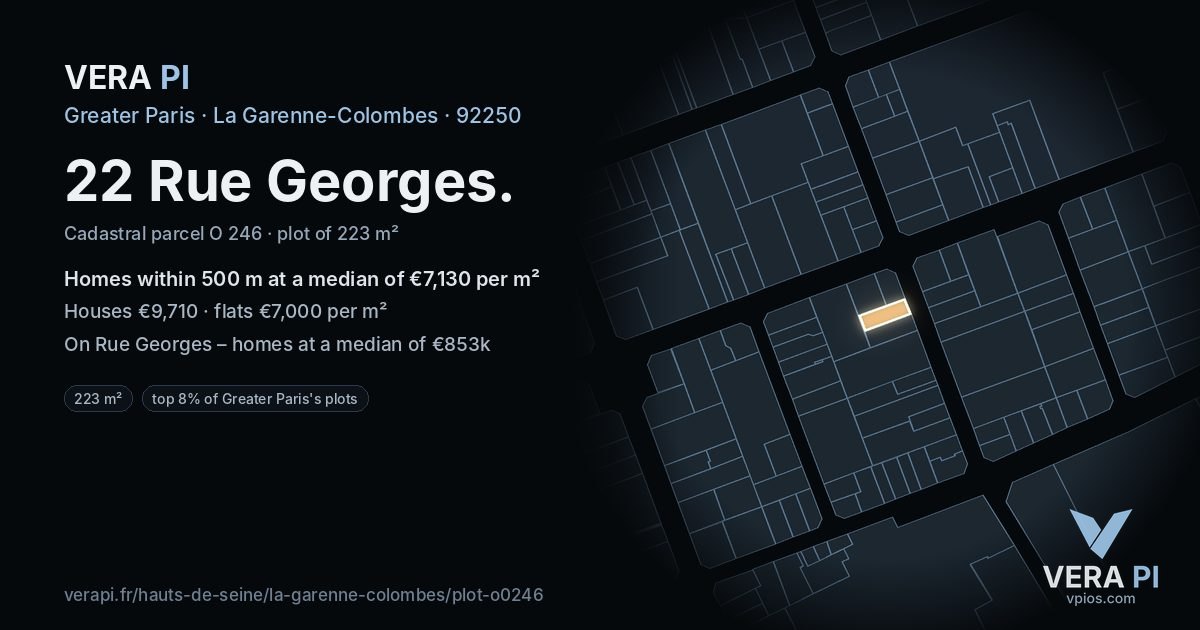 22 Rue Georges, La Garenne-Colombes at night – the plot lit, the parcels around coloured by the prices near them