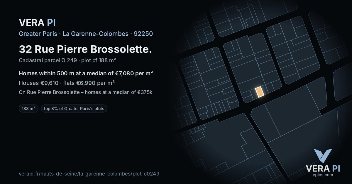 32 Rue Pierre Brossolette, La Garenne-Colombes at night – the plot lit, the parcels around coloured by the prices near them