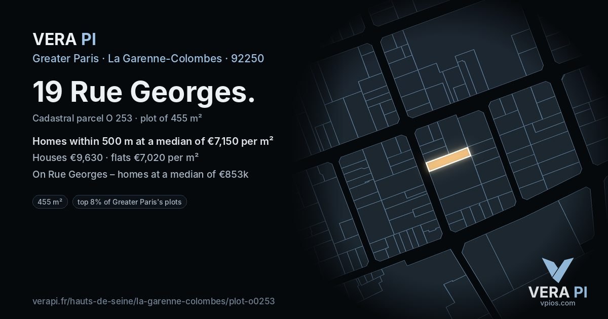 19 Rue Georges, La Garenne-Colombes at night – the plot lit, the parcels around coloured by the prices near them