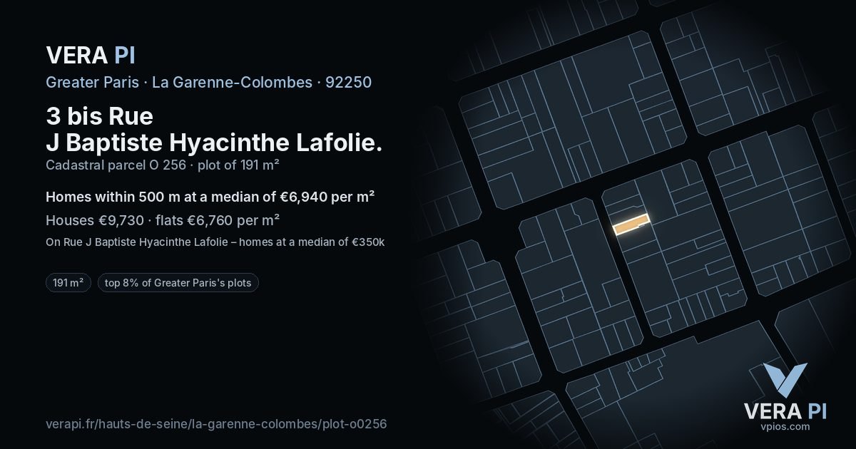 3 bis Rue J Baptiste Hyacinthe Lafolie, La Garenne-Colombes at night – the plot lit, the parcels around coloured by the prices near them