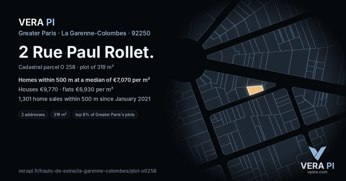 2 Rue Paul Rollet, La Garenne-Colombes at night – the plot lit, the parcels around coloured by the prices near them