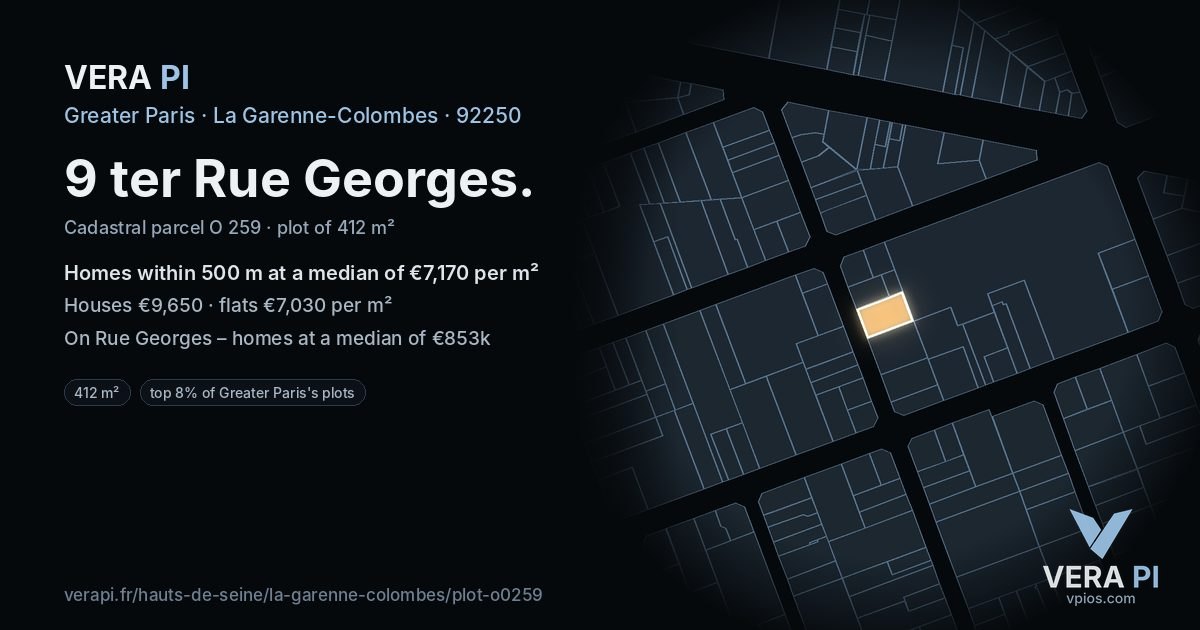9 ter Rue Georges, La Garenne-Colombes at night – the plot lit, the parcels around coloured by the prices near them