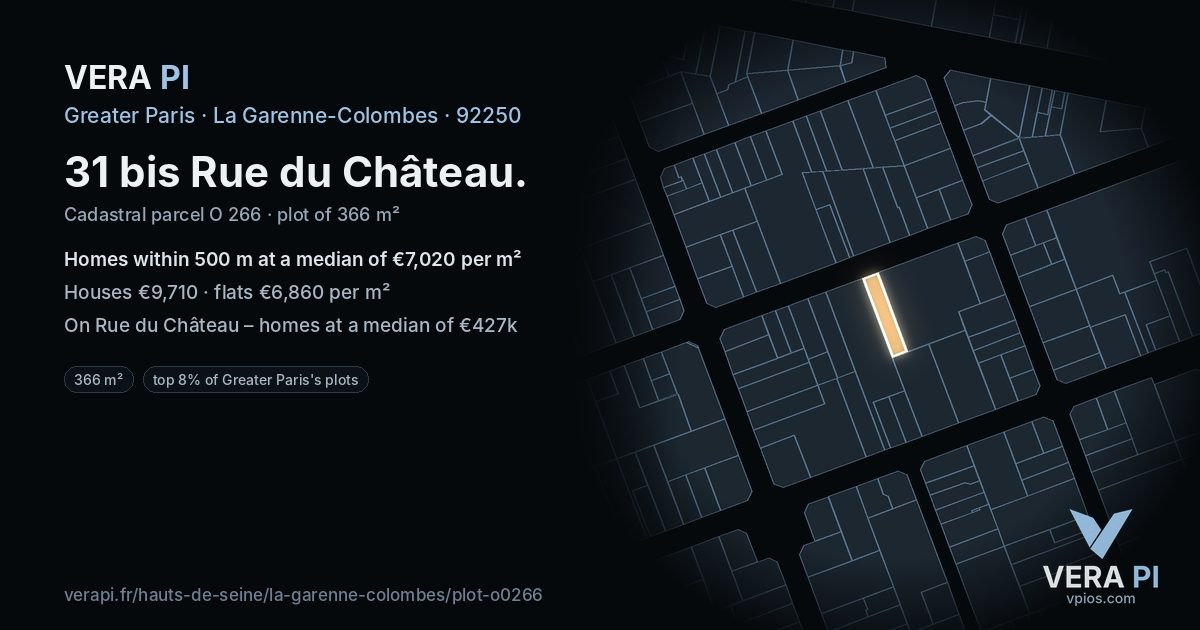 31 bis Rue du Château, La Garenne-Colombes at night – the plot lit, the parcels around coloured by the prices near them