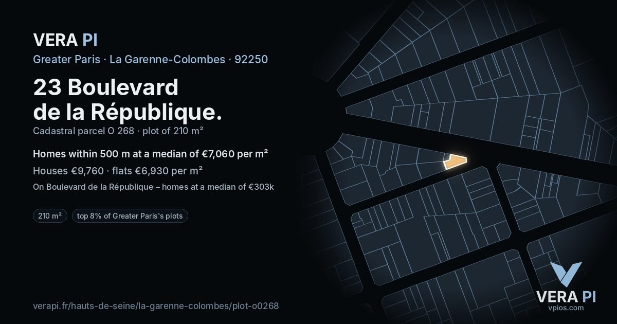 23 Boulevard de la République, La Garenne-Colombes at night – the plot lit, the parcels around coloured by the prices near them
