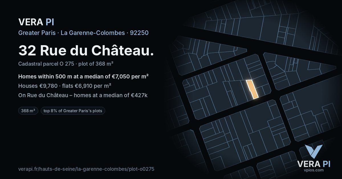 32 Rue du Château, La Garenne-Colombes at night – the plot lit, the parcels around coloured by the prices near them