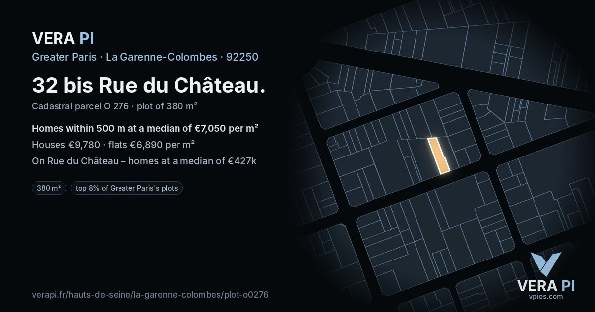 32 bis Rue du Château, La Garenne-Colombes at night – the plot lit, the parcels around coloured by the prices near them