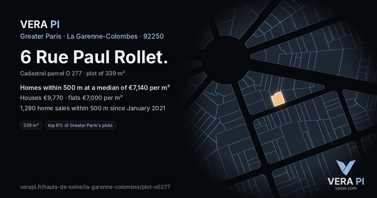 6 Rue Paul Rollet, La Garenne-Colombes at night – the plot lit, the parcels around coloured by the prices near them