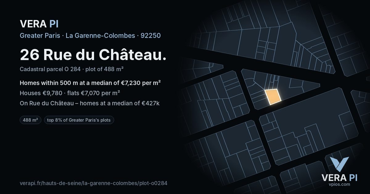 26 Rue du Château, La Garenne-Colombes at night – the plot lit, the parcels around coloured by the prices near them