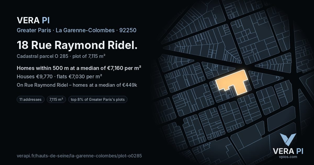 18 Rue Raymond Ridel, La Garenne-Colombes at night – the plot lit, the parcels around coloured by the prices near them