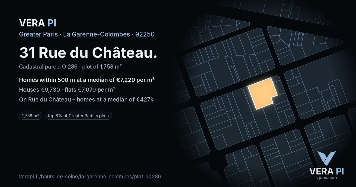 31 Rue du Château, La Garenne-Colombes at night – the plot lit, the parcels around coloured by the prices near them