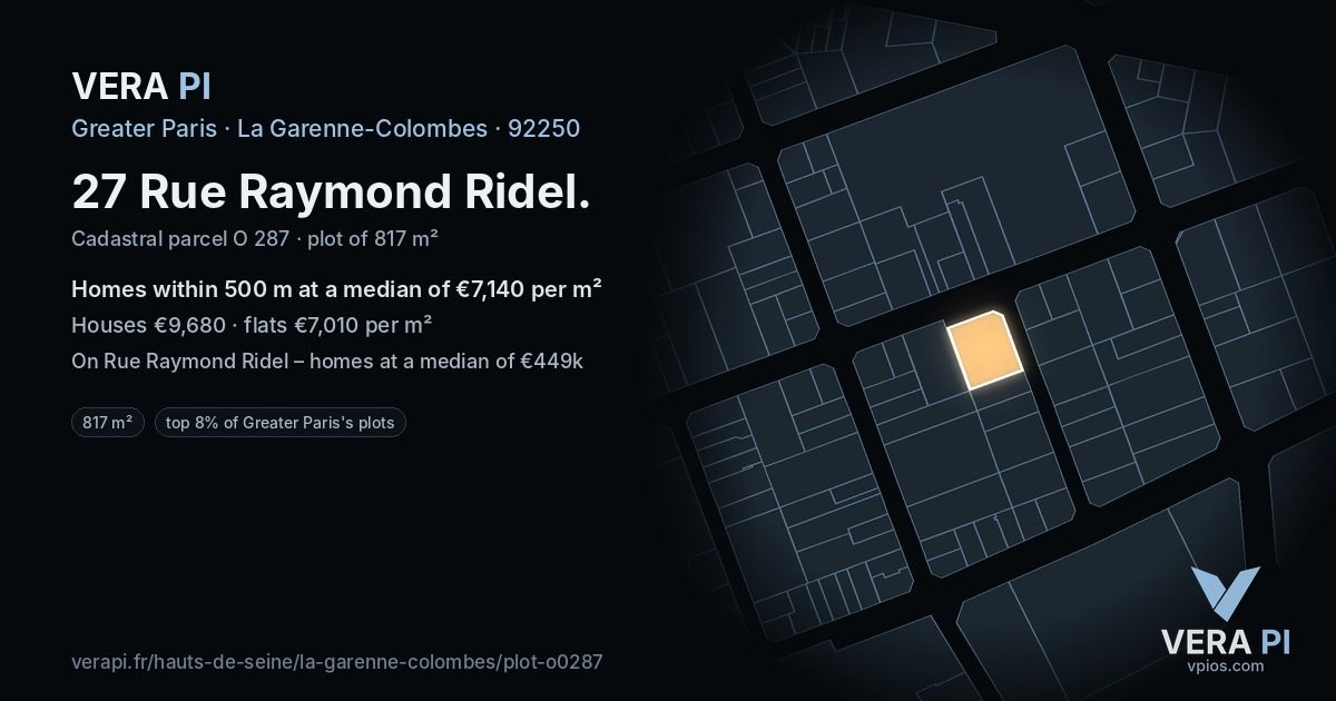 27 Rue Raymond Ridel, La Garenne-Colombes at night – the plot lit, the parcels around coloured by the prices near them