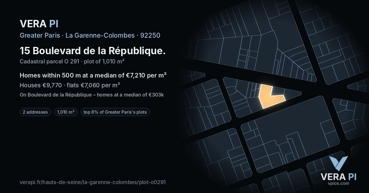 15 Boulevard de la République, La Garenne-Colombes at night – the plot lit, the parcels around coloured by the prices near them