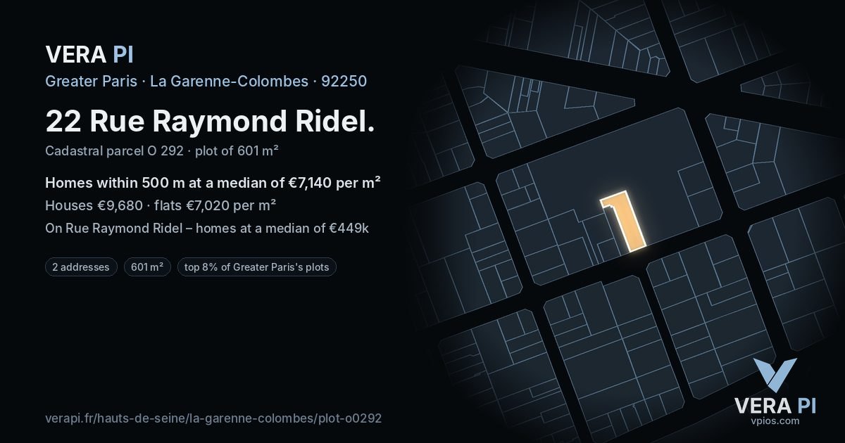 22 Rue Raymond Ridel, La Garenne-Colombes at night – the plot lit, the parcels around coloured by the prices near them