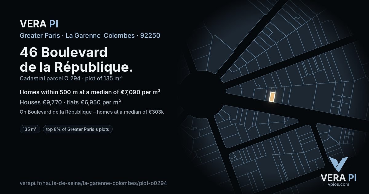 46 Boulevard de la République, La Garenne-Colombes at night – the plot lit, the parcels around coloured by the prices near them