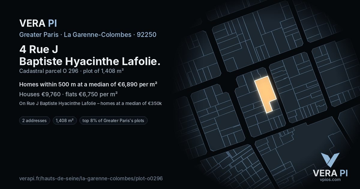 4 Rue J Baptiste Hyacinthe Lafolie, La Garenne-Colombes at night – the plot lit, the parcels around coloured by the prices near them