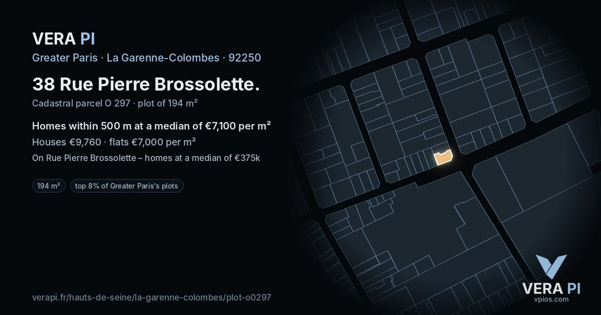 38 Rue Pierre Brossolette, La Garenne-Colombes at night – the plot lit, the parcels around coloured by the prices near them