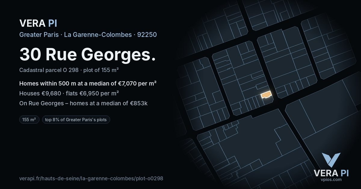 30 Rue Georges, La Garenne-Colombes at night – the plot lit, the parcels around coloured by the prices near them