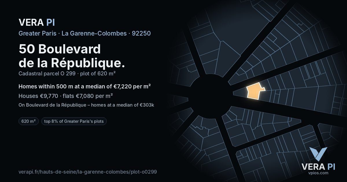 50 Boulevard de la République, La Garenne-Colombes at night – the plot lit, the parcels around coloured by the prices near them
