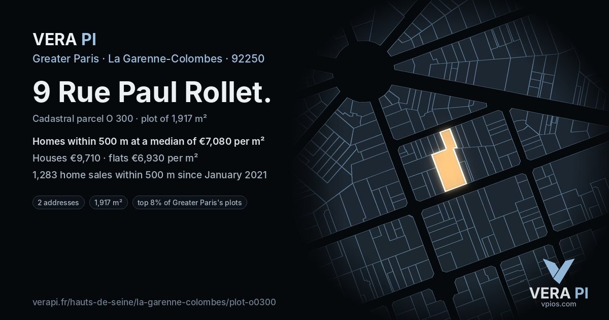 9 Rue Paul Rollet, La Garenne-Colombes at night – the plot lit, the parcels around coloured by the prices near them