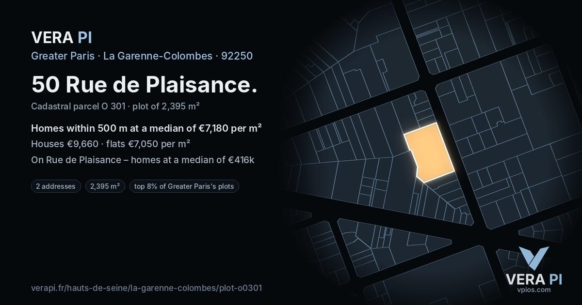 50 Rue de Plaisance, La Garenne-Colombes at night – the plot lit, the parcels around coloured by the prices near them