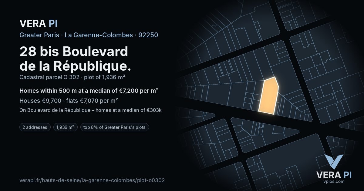28 bis Boulevard de la République, La Garenne-Colombes at night – the plot lit, the parcels around coloured by the prices near them