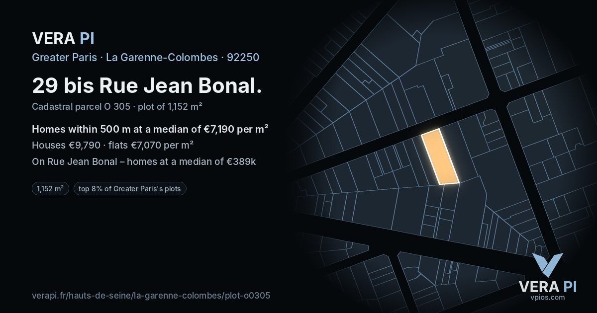29 bis Rue Jean Bonal, La Garenne-Colombes at night – the plot lit, the parcels around coloured by the prices near them