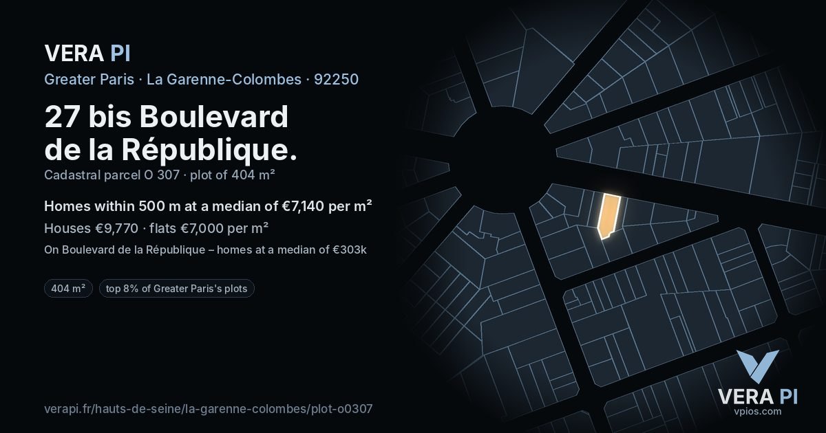27 bis Boulevard de la République, La Garenne-Colombes at night – the plot lit, the parcels around coloured by the prices near them
