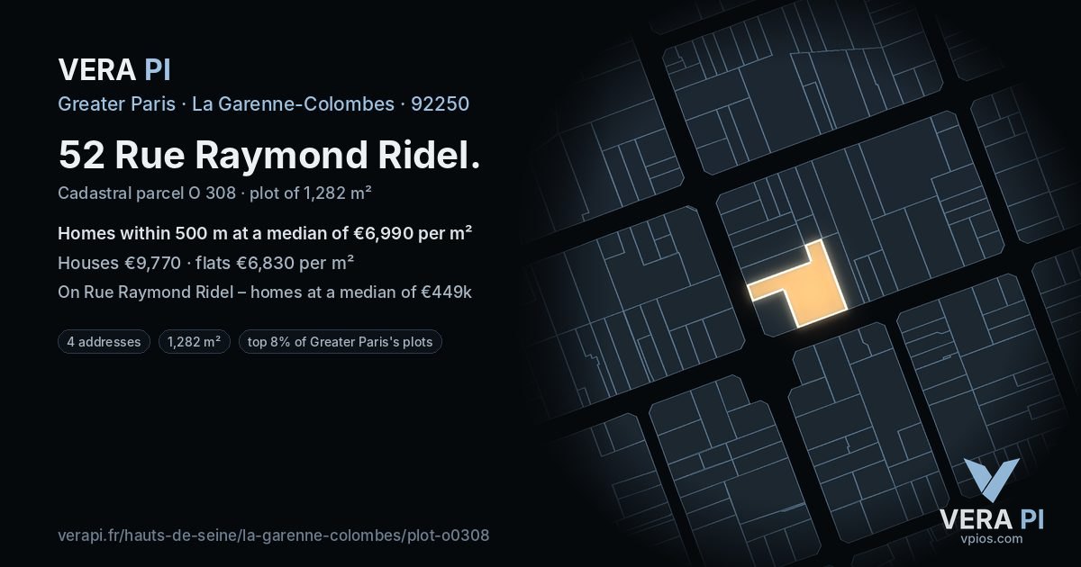 52 Rue Raymond Ridel, La Garenne-Colombes at night – the plot lit, the parcels around coloured by the prices near them