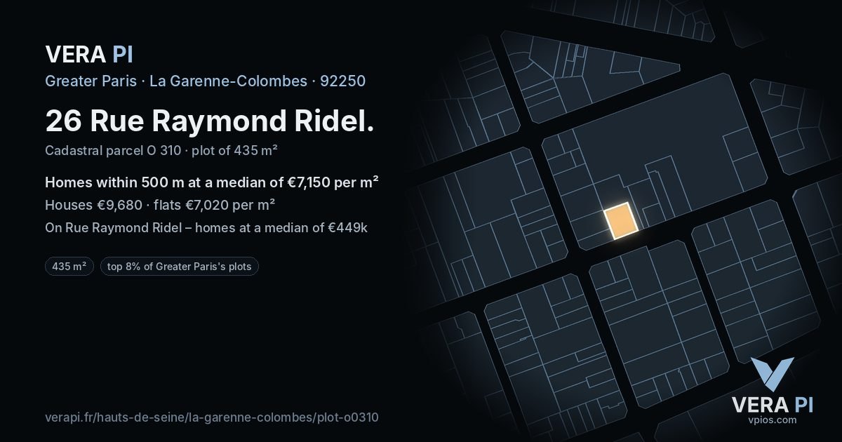 26 Rue Raymond Ridel, La Garenne-Colombes at night – the plot lit, the parcels around coloured by the prices near them