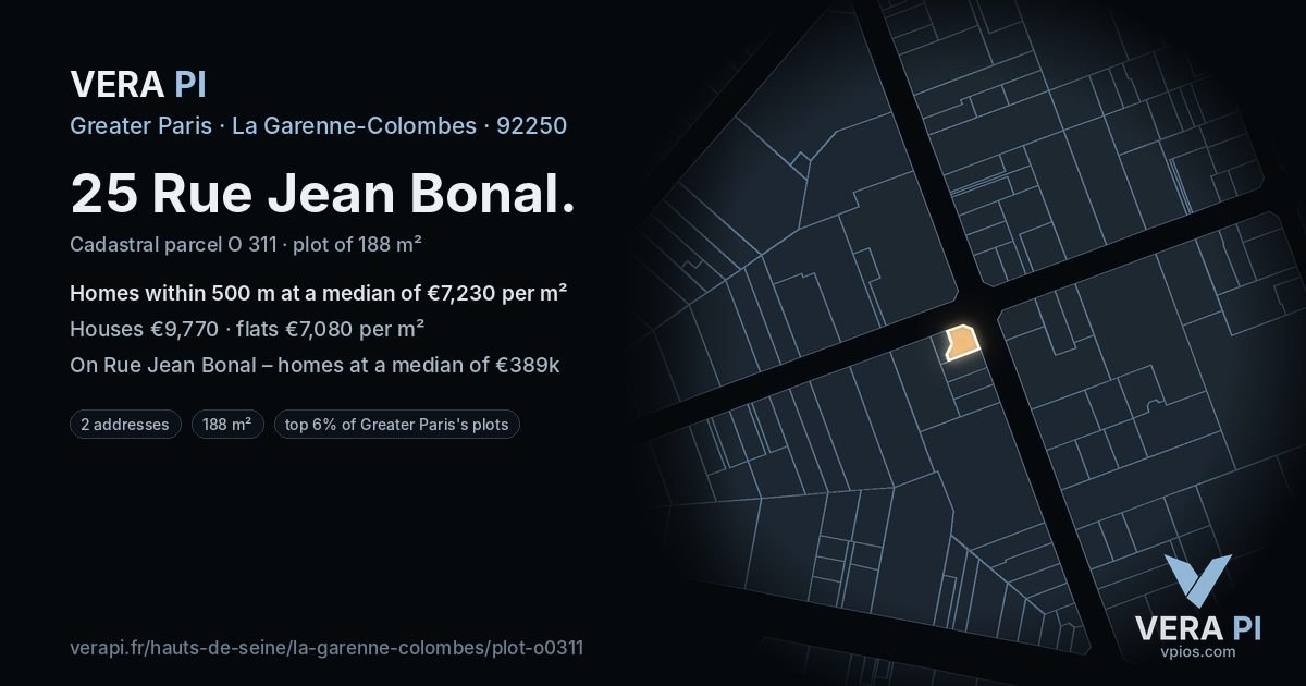 25 Rue Jean Bonal, La Garenne-Colombes at night – the plot lit, the parcels around coloured by the prices near them