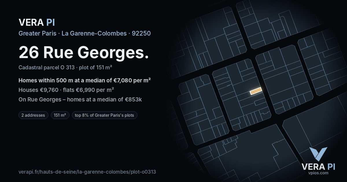 26 Rue Georges, La Garenne-Colombes at night – the plot lit, the parcels around coloured by the prices near them