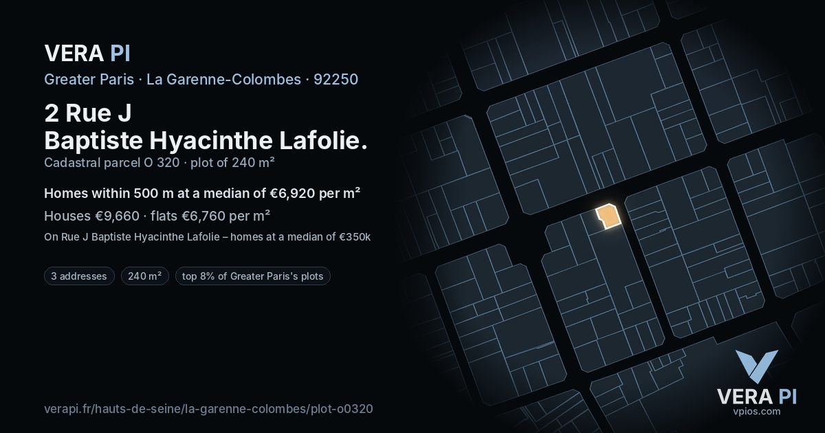 2 Rue J Baptiste Hyacinthe Lafolie, La Garenne-Colombes at night – the plot lit, the parcels around coloured by the prices near them