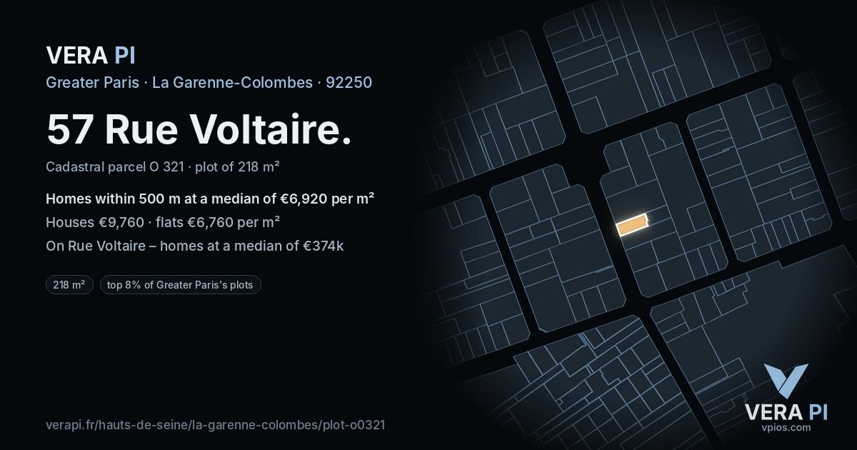 57 Rue Voltaire, La Garenne-Colombes at night – the plot lit, the parcels around coloured by the prices near them