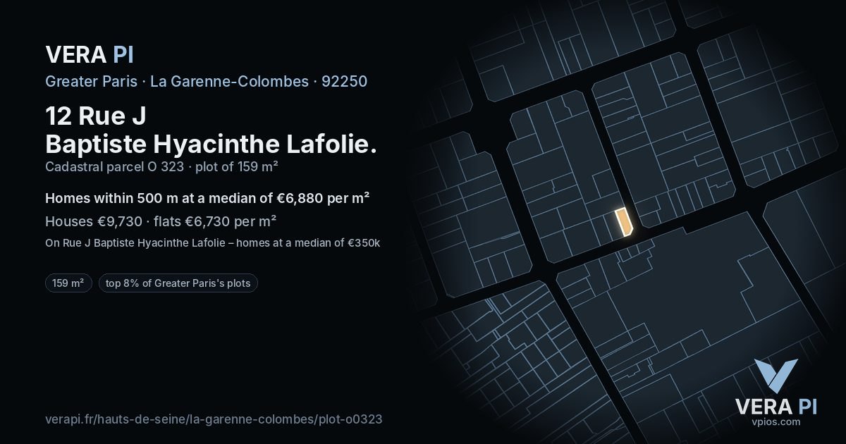 12 Rue J Baptiste Hyacinthe Lafolie, La Garenne-Colombes at night – the plot lit, the parcels around coloured by the prices near them
