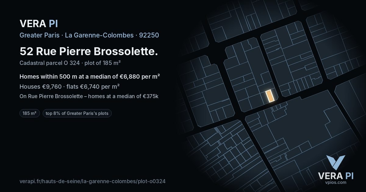 52 Rue Pierre Brossolette, La Garenne-Colombes at night – the plot lit, the parcels around coloured by the prices near them