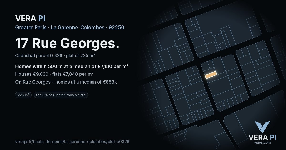 17 Rue Georges, La Garenne-Colombes at night – the plot lit, the parcels around coloured by the prices near them