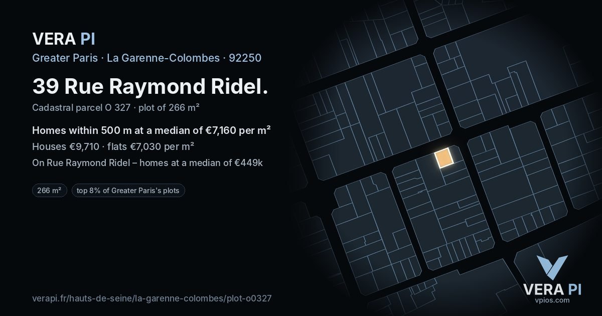 39 Rue Raymond Ridel, La Garenne-Colombes at night – the plot lit, the parcels around coloured by the prices near them