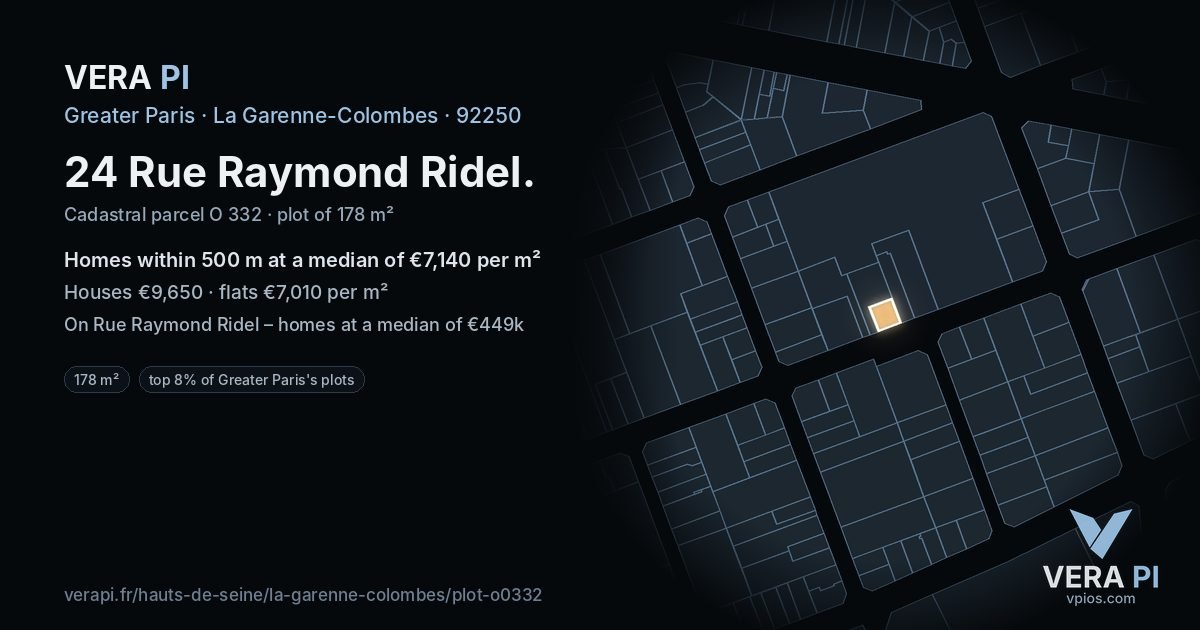 24 Rue Raymond Ridel, La Garenne-Colombes at night – the plot lit, the parcels around coloured by the prices near them
