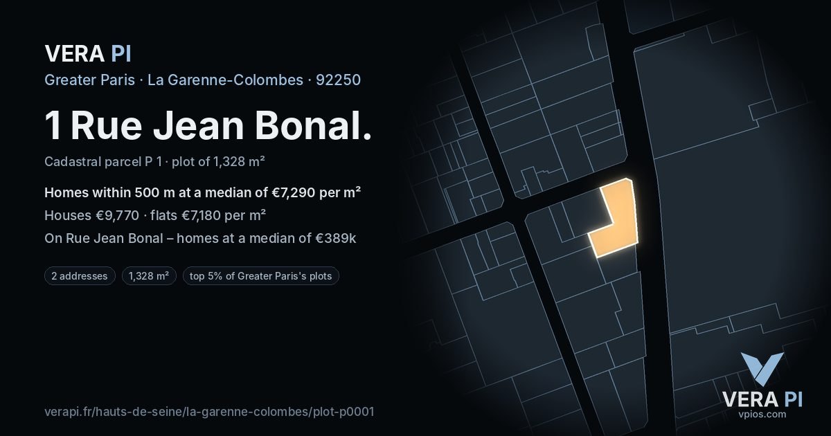 1 Rue Jean Bonal, La Garenne-Colombes at night – the plot lit, the parcels around coloured by the prices near them
