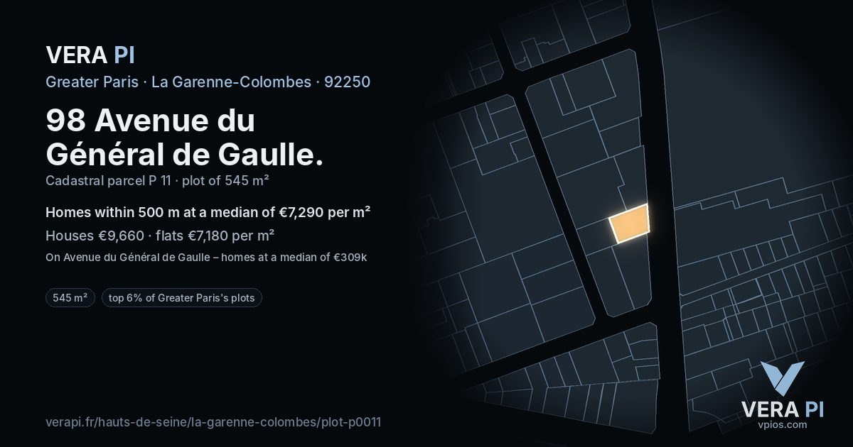 98 Avenue du Général de Gaulle, La Garenne-Colombes at night – the plot lit, the parcels around coloured by the prices near them