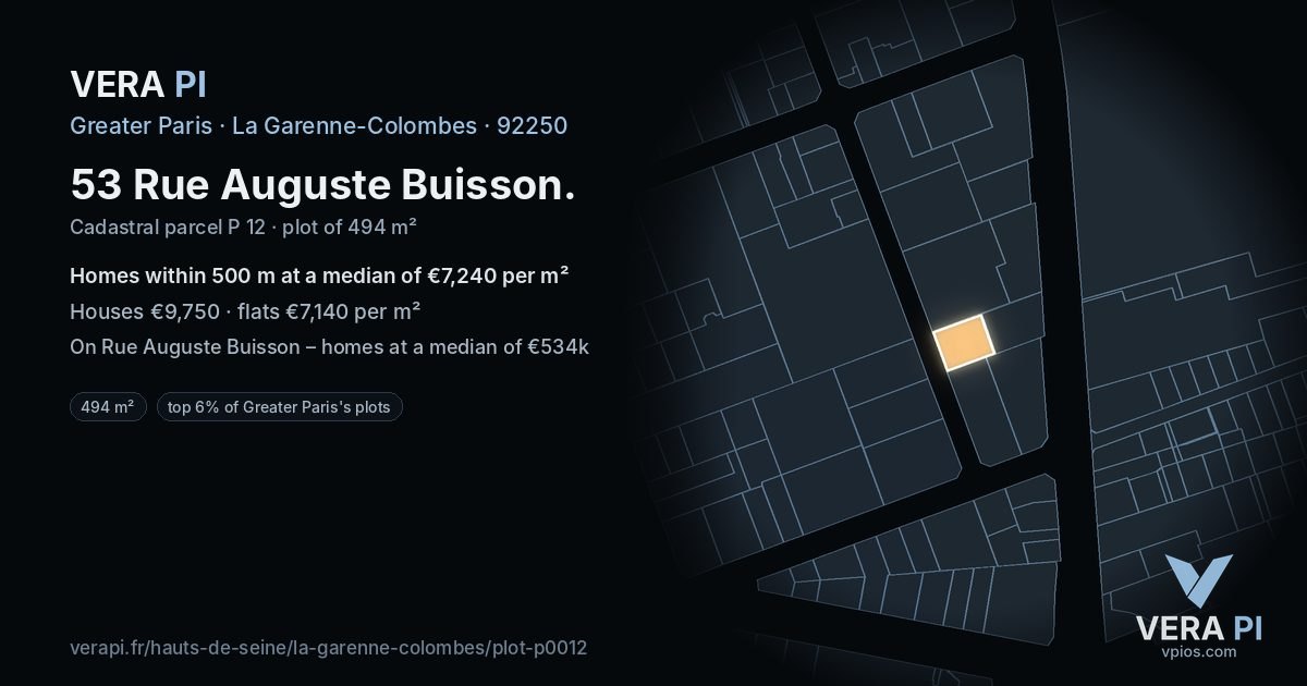 53 Rue Auguste Buisson, La Garenne-Colombes at night – the plot lit, the parcels around coloured by the prices near them