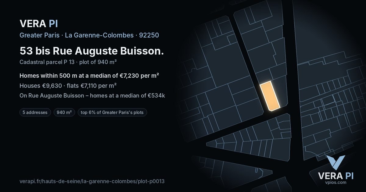 53 bis Rue Auguste Buisson, La Garenne-Colombes at night – the plot lit, the parcels around coloured by the prices near them