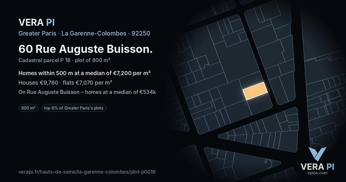 60 Rue Auguste Buisson, La Garenne-Colombes at night – the plot lit, the parcels around coloured by the prices near them