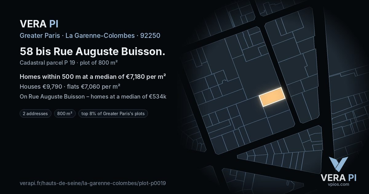 58 bis Rue Auguste Buisson, La Garenne-Colombes at night – the plot lit, the parcels around coloured by the prices near them